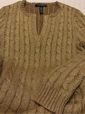 Ralph Lauren Metallic Gold Cable V-Neck Sweater